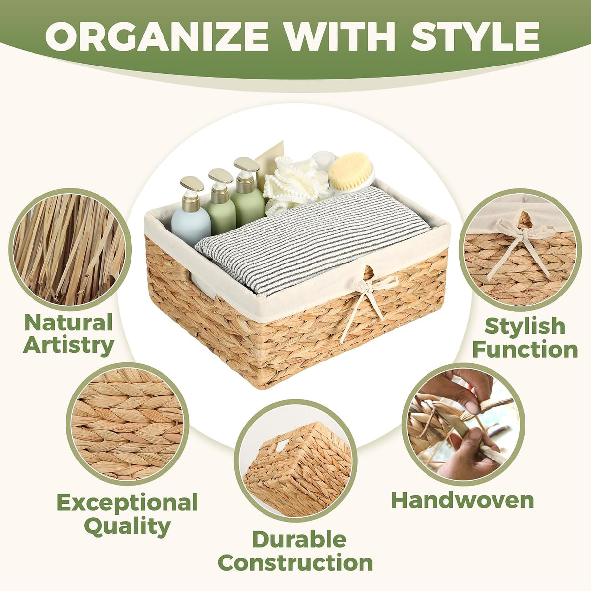 Wicker Shelf Storage Baskets for Organizing - Natural Water Hyacinth Woven Ba...