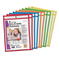 Charles Leonard - Reusable Clear Dry Erase Pockets, Holds Worksheets Up To 9 x 12 Inches, Assorted Colored Piping, 10-Pack of Pockets (29010) | 10 Pack | Assorted Colors | 9 X 12 Inches | Pocket Surface Cleans Easily | Pockets Feature a Side Panel