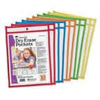 Charles Leonard - Reusable Clear Dry Erase Pockets, Holds Worksheets Up To 9 x 12 Inches, Assorted Colored Piping, 10-Pack of Pockets (29010) | 10 Pack | Assorted Colors | 9 X 12 Inches | Pocket Surface Cleans Easily | Pockets Feature a Side Panel