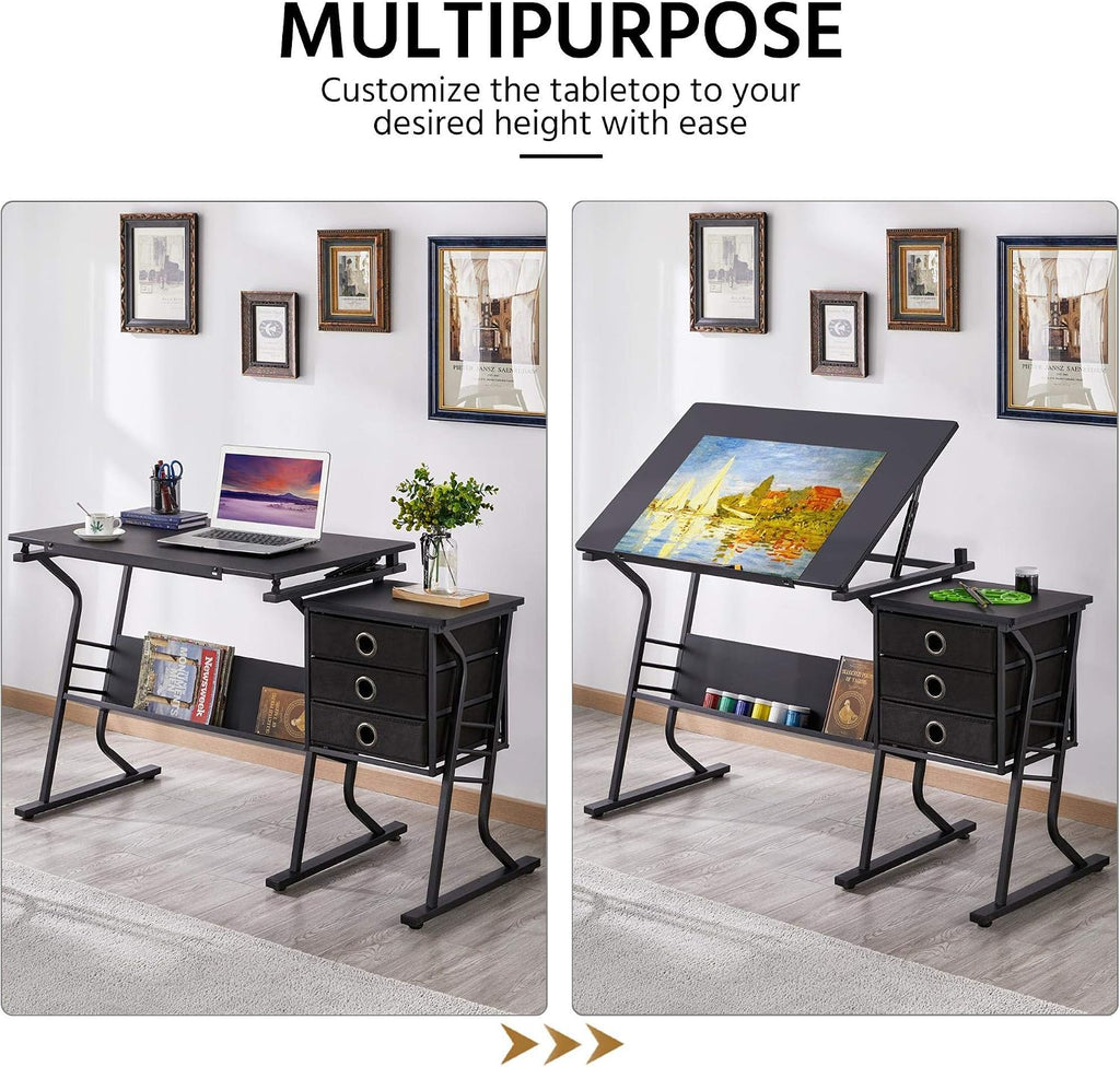 Topeakmart Height Adjustable Drafting Table Art Craft Desk Work Station Hobby Design Studio Tiltable Tabletop Drawing Desk with Stool & Storage Drawers
