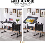 Topeakmart Height Adjustable Drafting Table Art Craft Desk Work Station Hobby Design Studio Tiltable Tabletop Drawing Desk with Stool & Storage Drawers