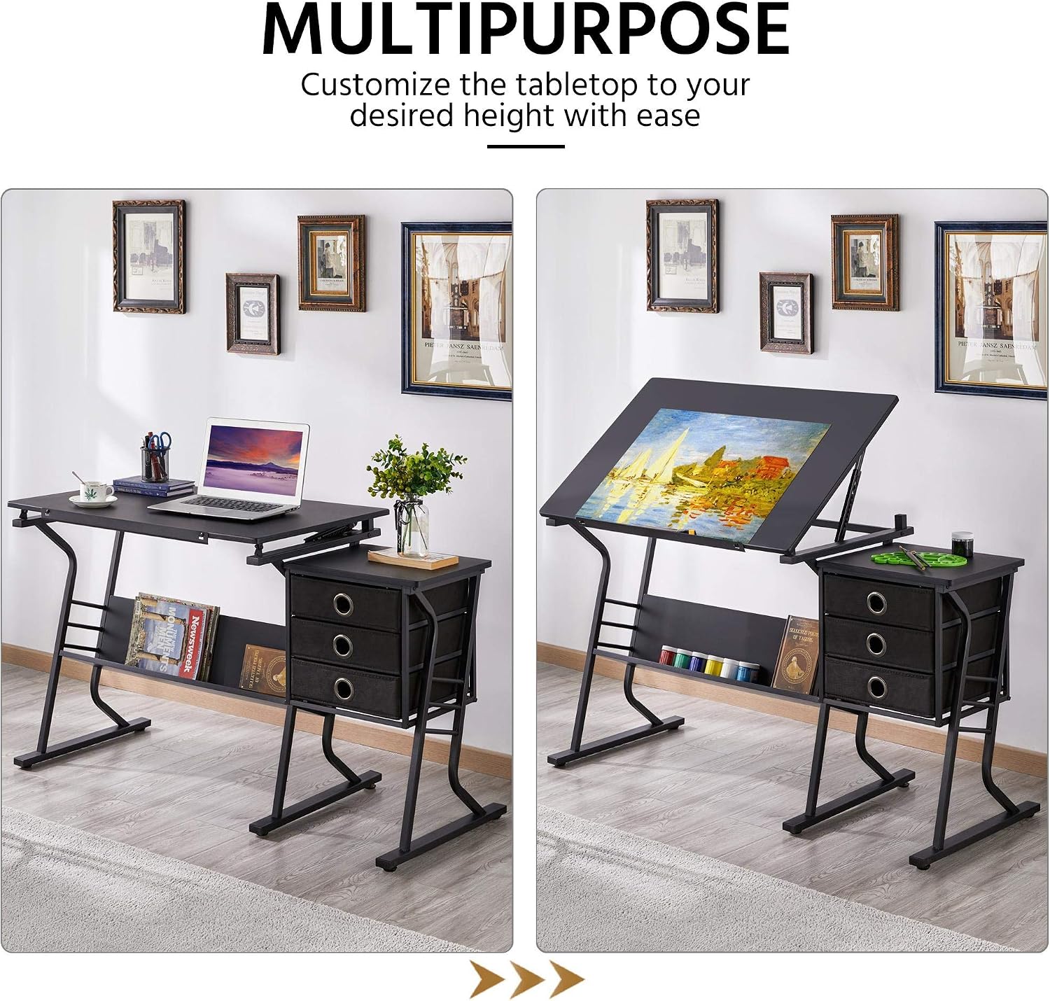 Topeakmart Height Adjustable Drafting Table Art Craft Desk Work Station Hobby Design Studio Tiltable Tabletop Drawing Desk with Stool & Storage Drawers