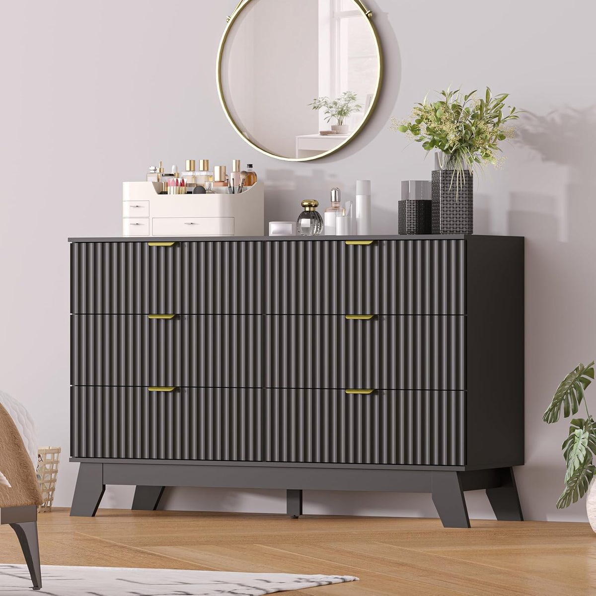 Black Dresser 6 Drawer Dresser for Bedroom, 47''W Fluted Wooden Dress...
