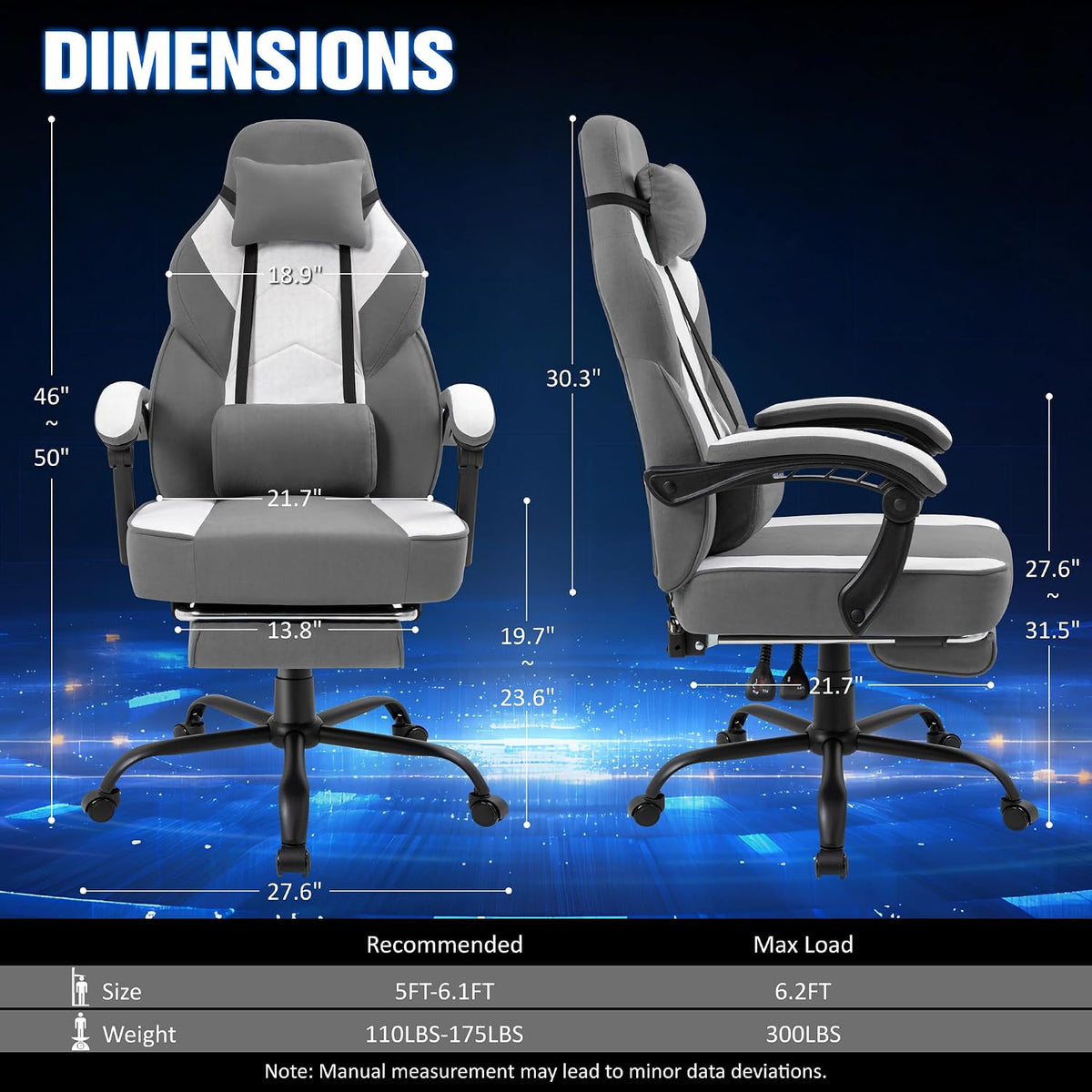 Gaming Chair for Adults with Massage Lumbar Support, Fabric Grey
