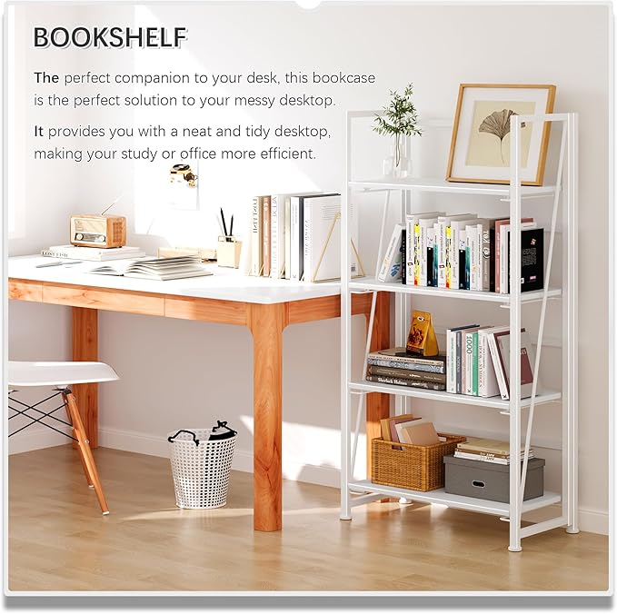 4NM No Assembly Folding Bookshelf Storage Shelves 4 Tiers Vintage Bookcase - Image 3