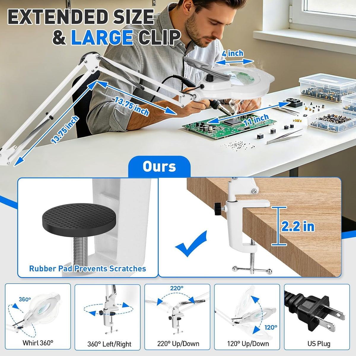 KIRKAS LED Magnifying Lamp with Clamp, 2,200 Lumens Dimmable 28in 12X