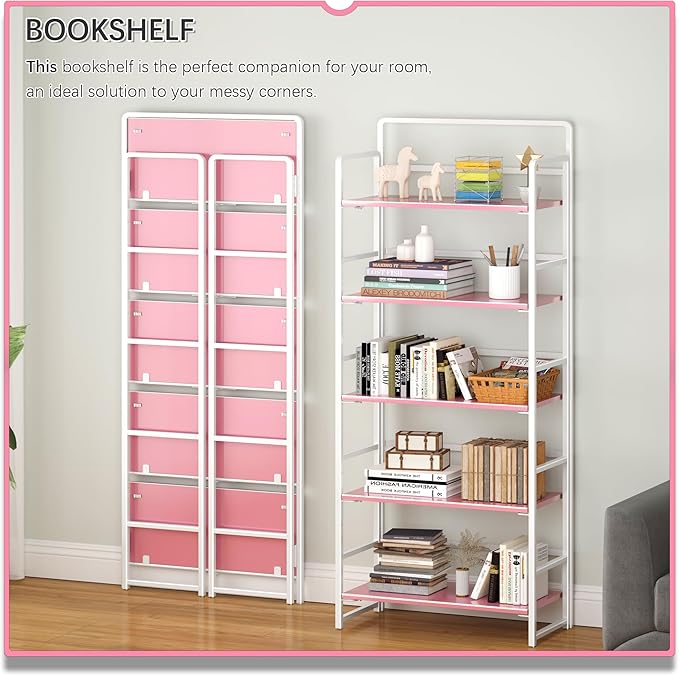 4NM No Assembly 5 Tiers Folding Bookshelf Storage Shelves Vintage Bookcase - Image 3