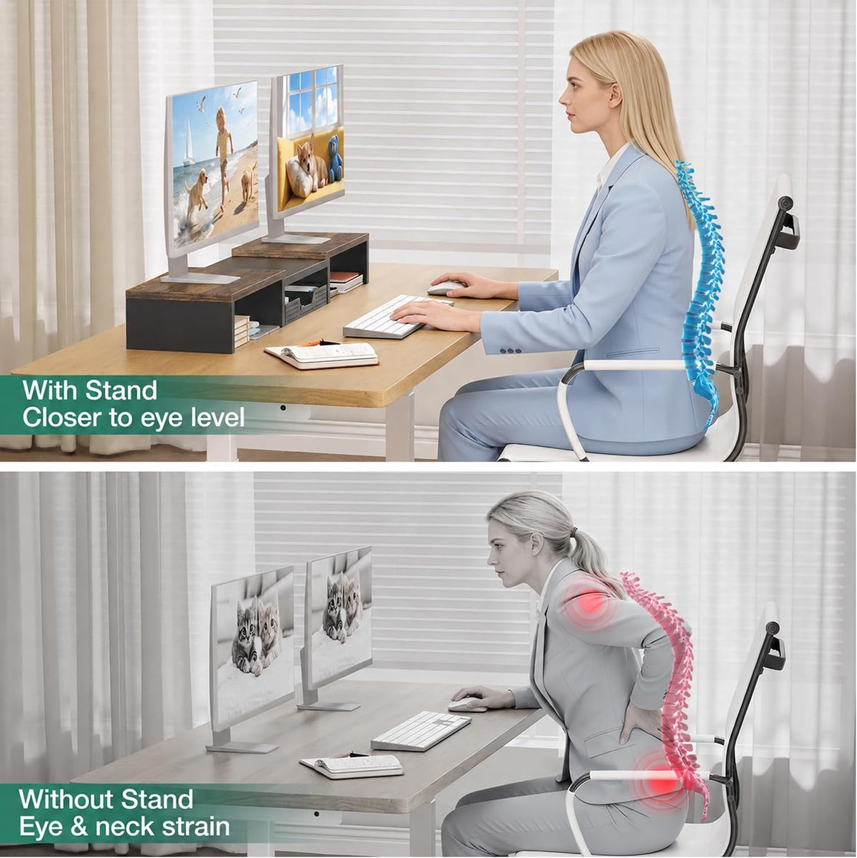 OPNICE Dual Computer Monitor Stand Riser, Desk Organizer with Drawer, Office ...