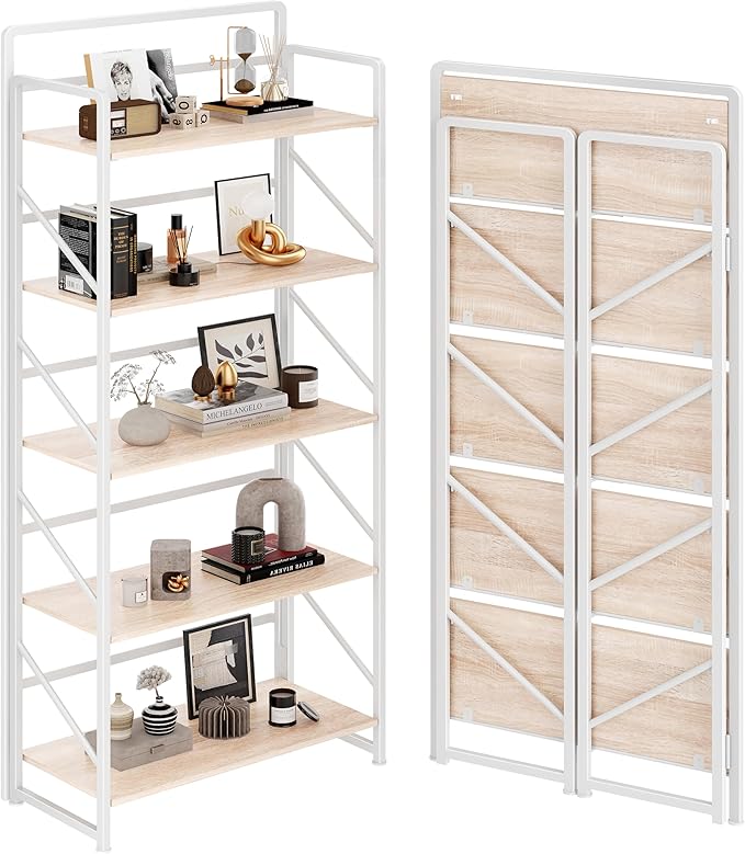 JSB Folding Bookshelf, Industrial Storage Shelves, No Assembly Vintage Wood by HomeFurniture
