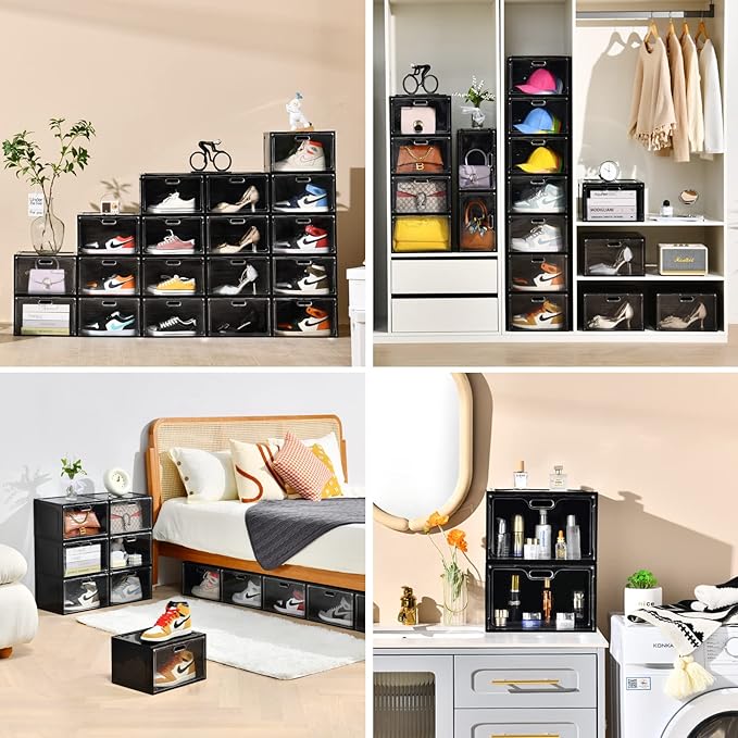 Amllas 8 Pack Shoe Boxes Black Plastic Stackable, Large Shoe Storage Organizer - Image 5
