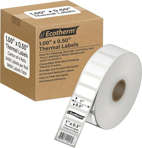 1" x .5" Thermal Labels | 4 Rolls | 9800 Labels | fits Zebra, Offnova Thermal by EcothermProducts