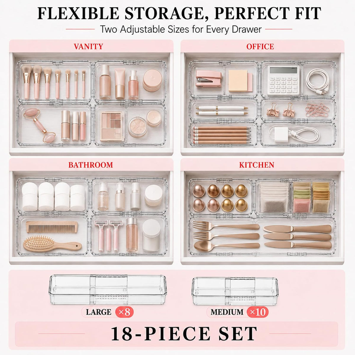 18 Pcs Clear Adjustable Drawer Organizer, 2-Size Desk Drawer Organizer Box, A...