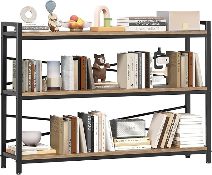 3 Tier Bookcase 47.24" Width, Long Industrial Book Shelf, Vintage Wooden Large by Homeiju