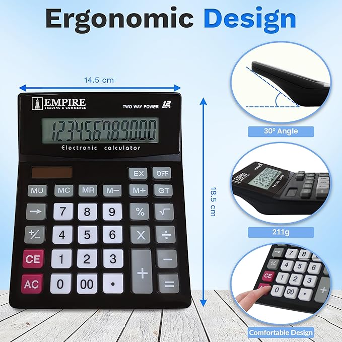 Empire Desk Calculator with Large Key Buttons, 12-Digit Large Eye-Angled Display - Image 6