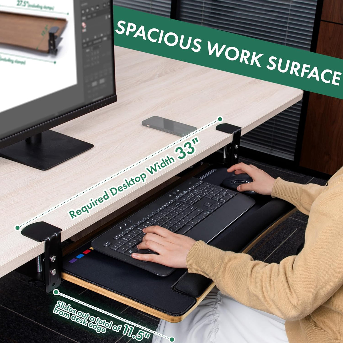 D'vine Dev Keyboard Tray Under Desk with Wrist Rest, Bamboo Wood Keyboard...