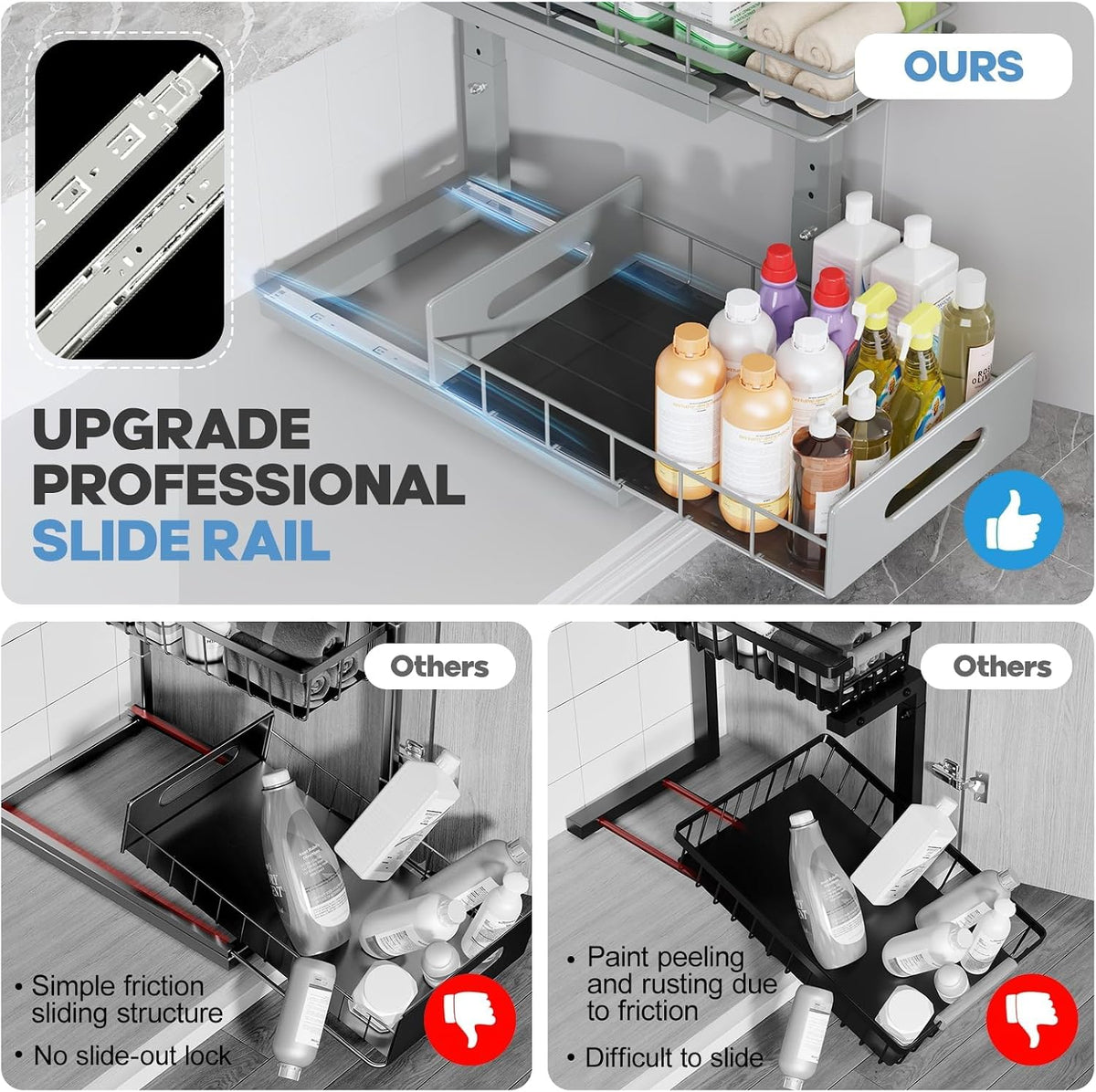 Under Sink Organizer Upgrade To Professional Rails,2-Tier Dual Pull Out Cabin...
