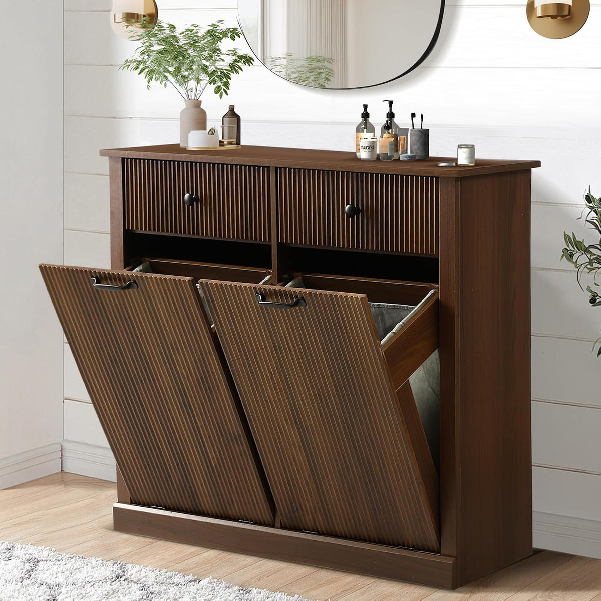 Double Tilt Out Laundry Hamper Cabinet, Modern Fluted Trash Can Cabinets with...