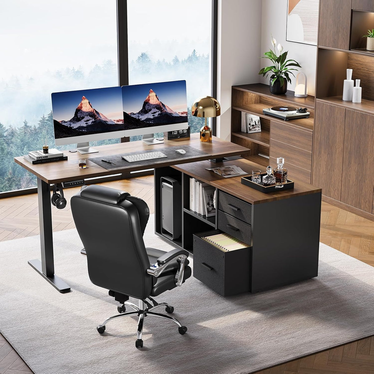 HUANUO 55″ L Shaped Standing Desk with Drawers, Height Adjustable,Walnut
