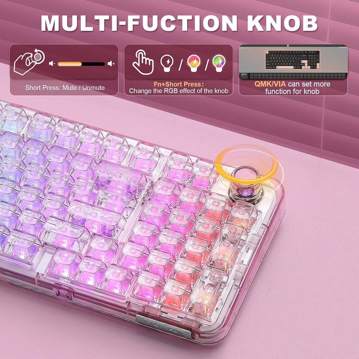 YUNZII X98 Wireless Mechanical Keyboard with Knob (Pink, Crystal Switch)
