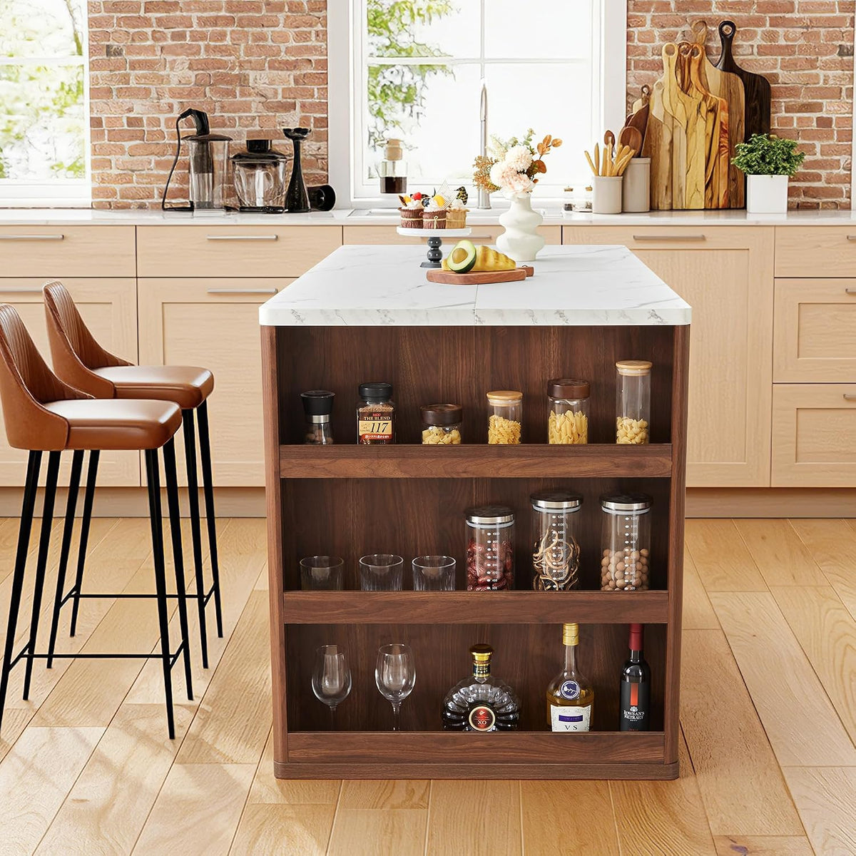 59" Kitchen Island with Storage & Seating for 2, Modern Stationary K...