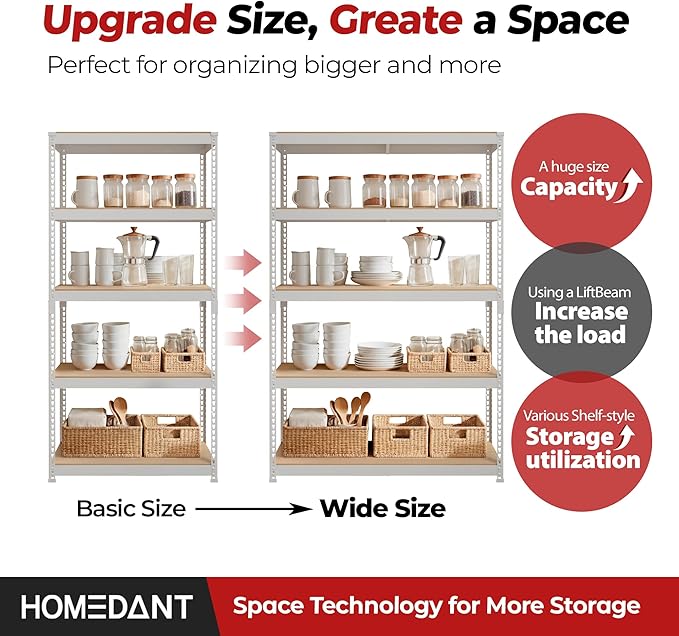HOMEDANT 5 Tier Storage Shelves Adjustable Laminated Boltless Garage Metal - Image 9