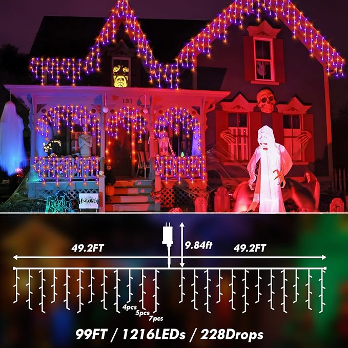 KNONEW 99FT 1216 LED Halloween Lights Decortation Orange Purple String Lights...