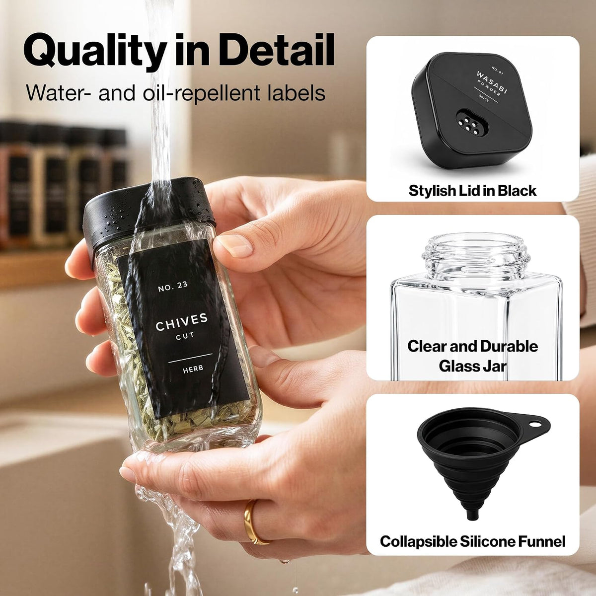 EDELHAUS Glass Square Spice Jars with Label, 24x Black Sprinkle Lids