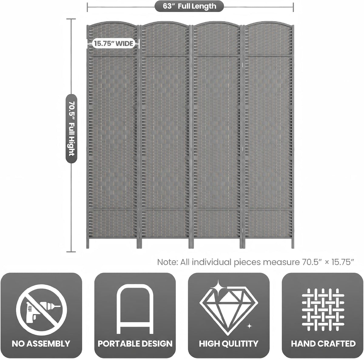 4 Panel Folding Room Divider,Woven Privacy Screen,Grey