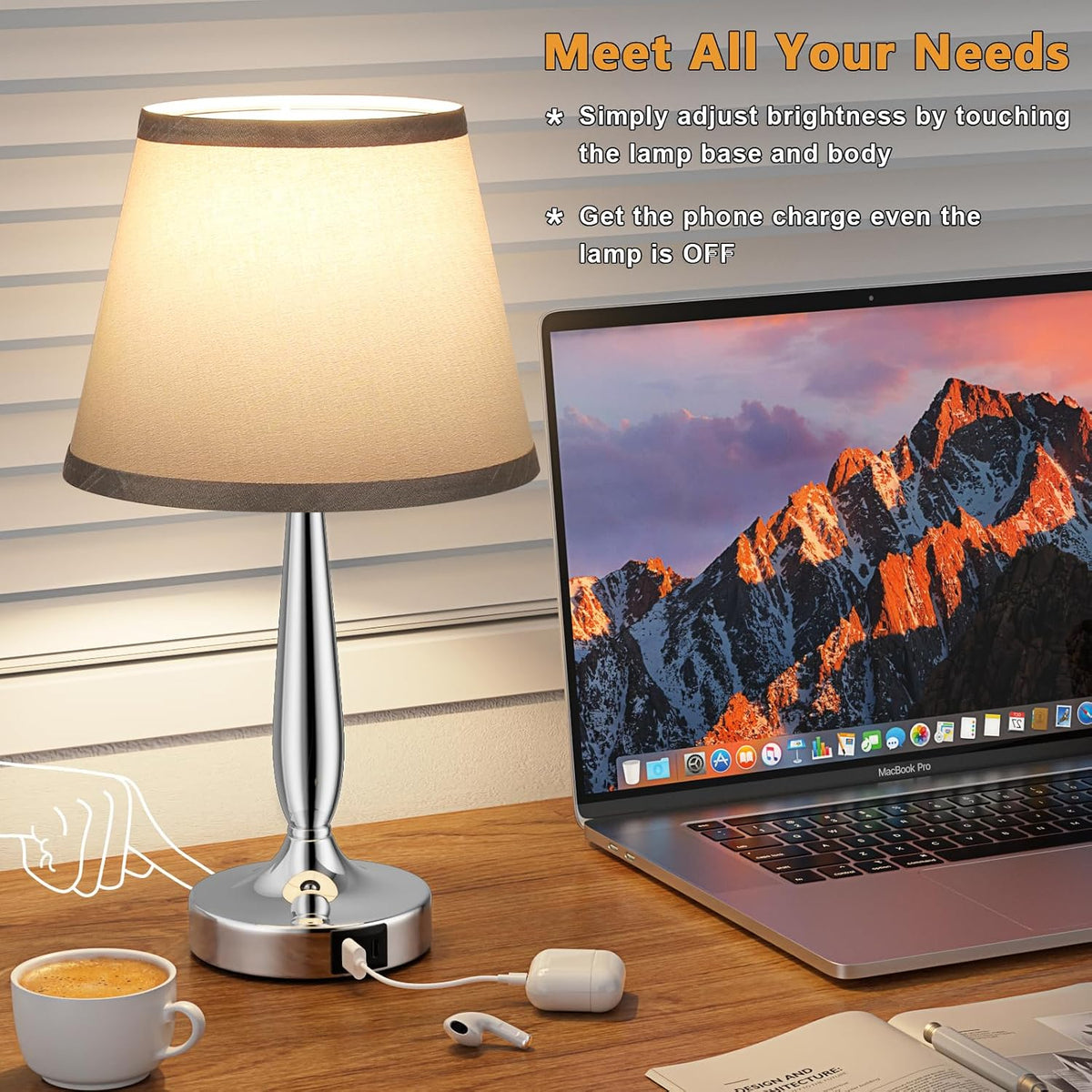 Kakanuo Touch Table Lamp for Bedroom, Small Bedside Lamp with USB C Port