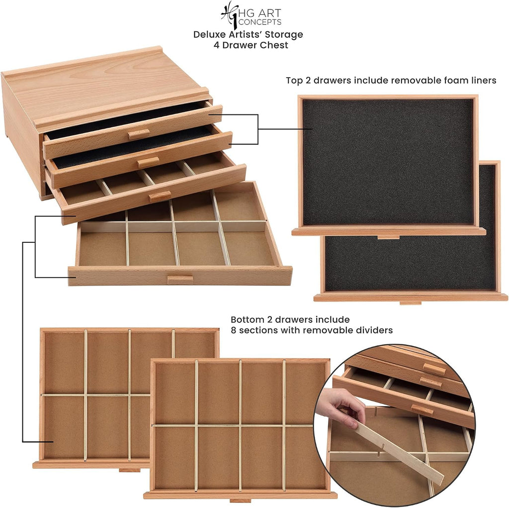 hg art concepts artist storage chest, wooden brush showing dimensions
