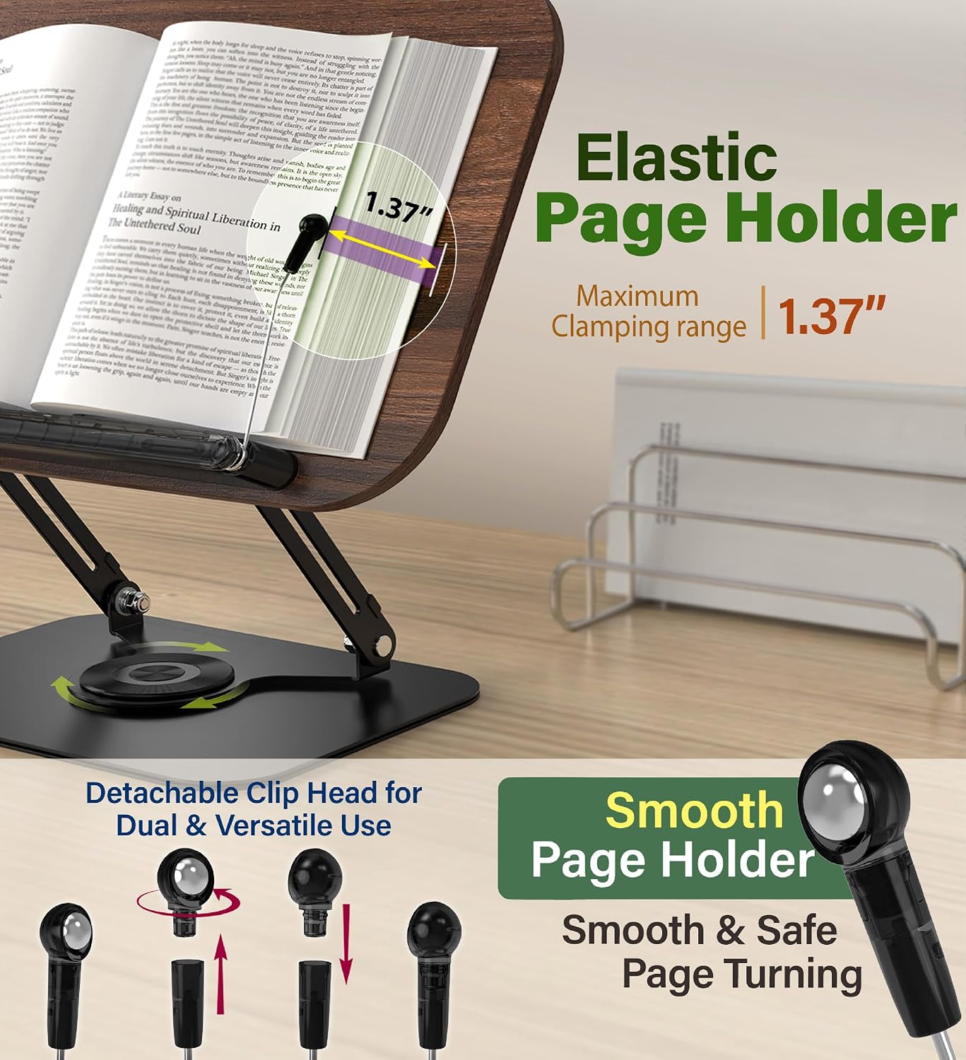 Adjustable Book Stand for Reading – Durable Build Quality, 360° Rotating Base, Stable Book Holder for Study, Kitchen, or Office, Relieves Neck Strain, (Dark Wood)