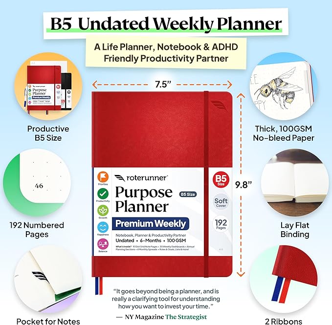 Roterunner Purpose Planner Notebook B5 7.5”x9.8” Undated 2026 Daily Weekly and - Image 2