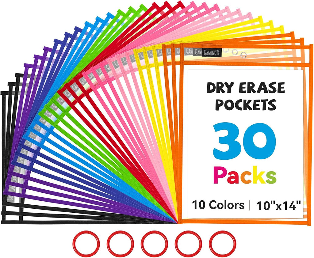 GAMENOTE 30 Pack Dry Erase Pockets, 10x14 Reusable Sleeves, 10 Colors | 30 reusable PVC pockets hold 8.5 x 11 and 9 x 12 sheets; double sided wipe clean surfaces, pen loops, eyelets, and 5 rings