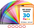 GAMENOTE 30 Pack Dry Erase Pockets, 10x14 Reusable Sleeves, 10 Colors | 30 reusable PVC pockets hold 8.5 x 11 and 9 x 12 sheets; double sided wipe clean surfaces, pen loops, eyelets, and 5 rings