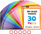 GAMENOTE 30 Pack Dry Erase Pockets, 10x14 Reusable Sleeves, 10 Colors | 30 reusable PVC pockets hold 8.5 x 11 and 9 x 12 sheets; double sided wipe clean surfaces, pen loops, eyelets, and 5 rings