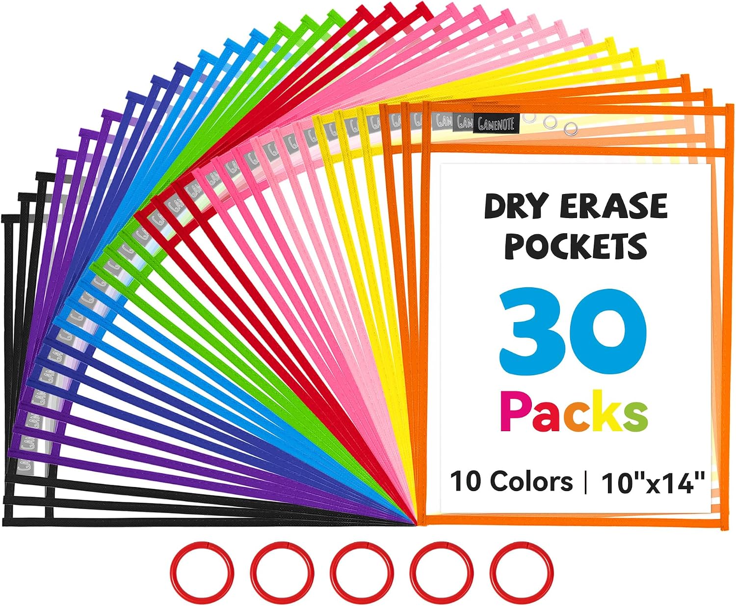 GAMENOTE 30 Pack Dry Erase Pockets, 10x14 Reusable Sleeves, 10 Colors | 30 reusable PVC pockets hold 8.5 x 11 and 9 x 12 sheets; double sided wipe clean surfaces, pen loops, eyelets, and 5 rings