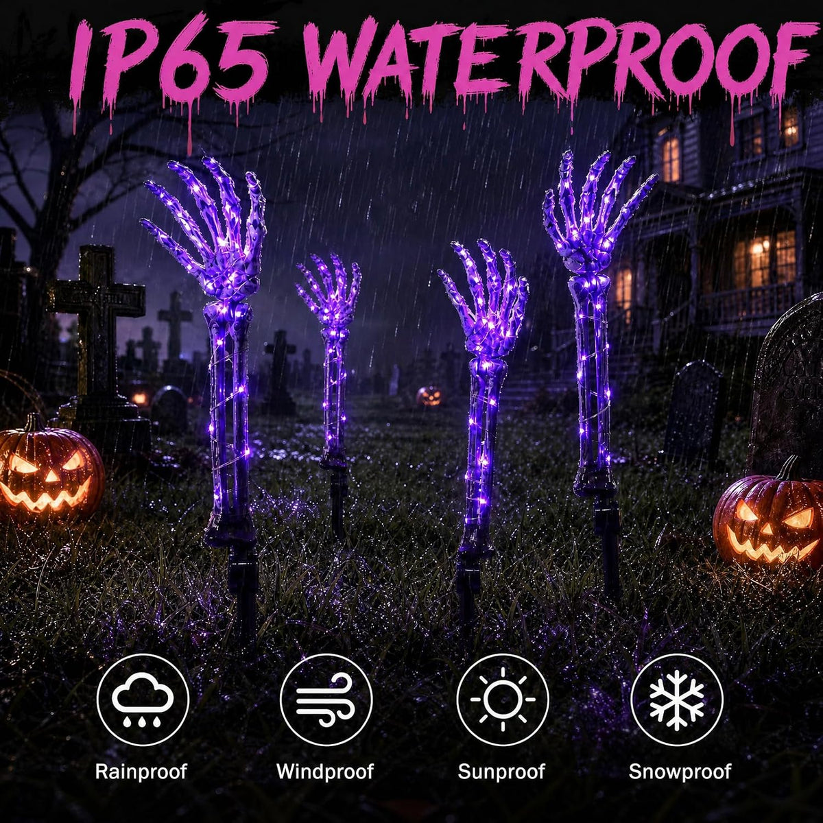 Halloween Skeleton Arm Stakes 4‑Pack, 160 Purple LED Battery‑Powered Lights
