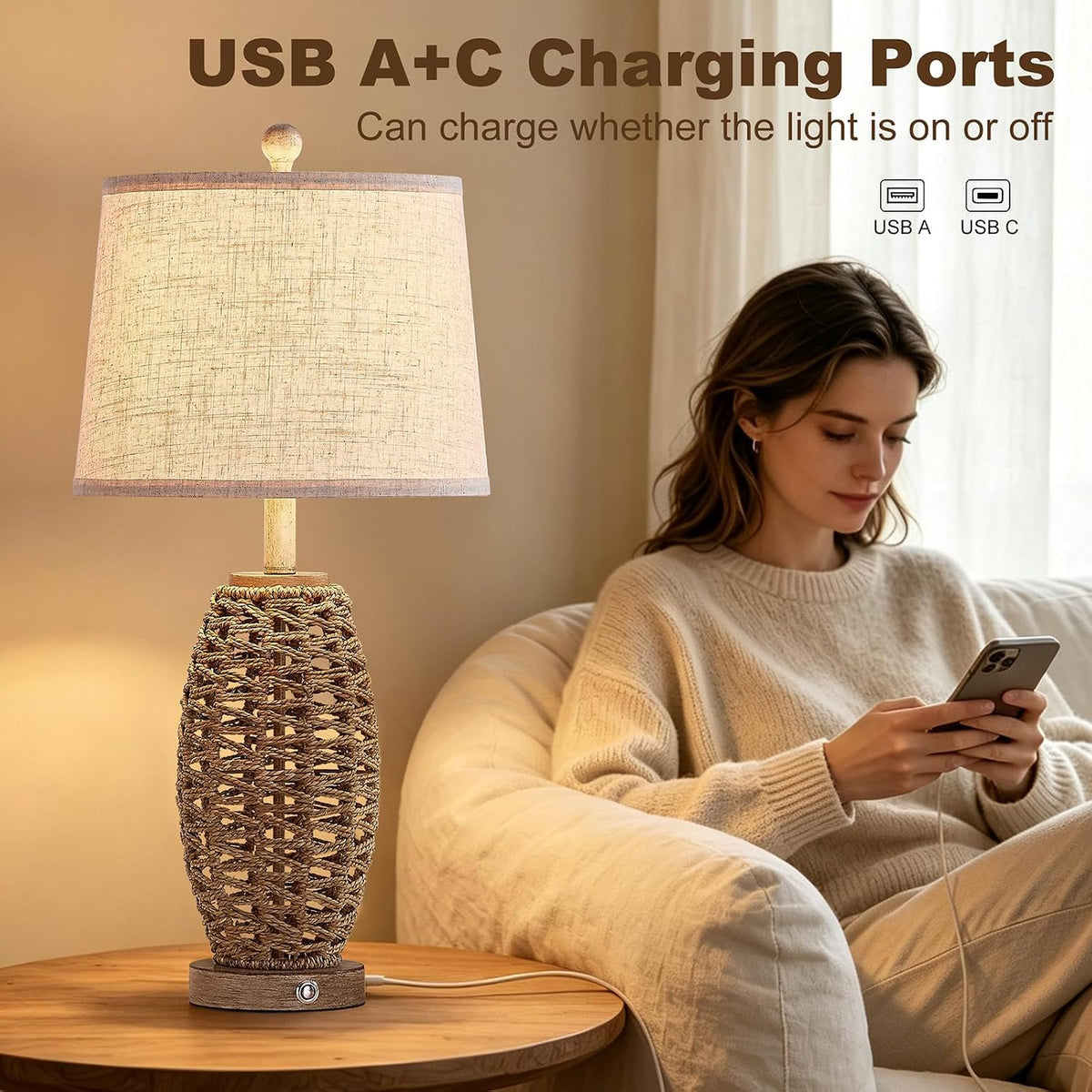 Rattan Table Lamp for Living Room, Dimmable Touch Lamp for Bedside Table in B...
