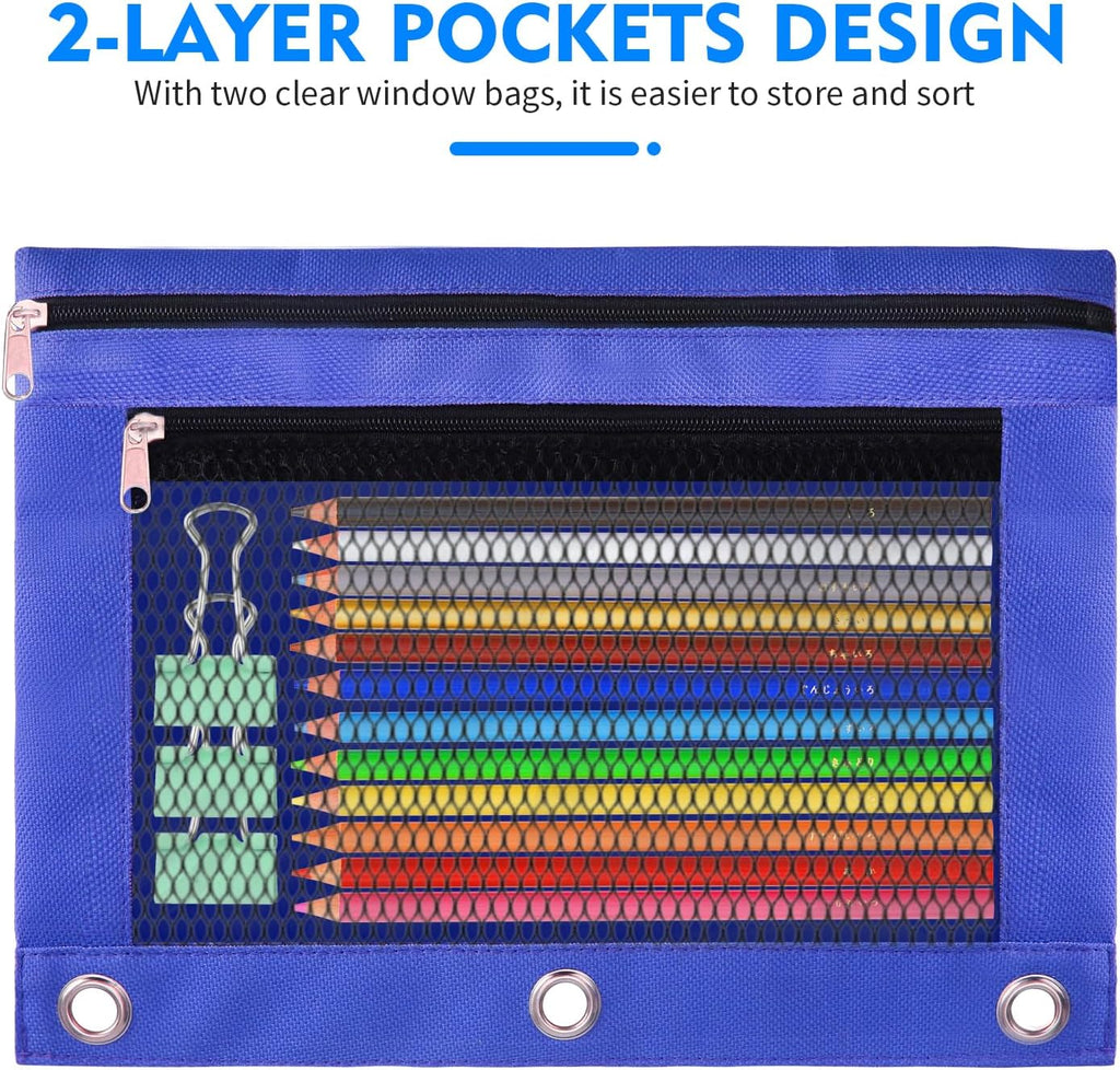 Pencil Pouch for 3 Ring Binder - 3 Pack Zippered Pencil Pouches with Transparent Mesh Window| Binder Pouch with Smooth Zippers| Zippered Pencil Bag for School Office Students, Black+Grey+Pink