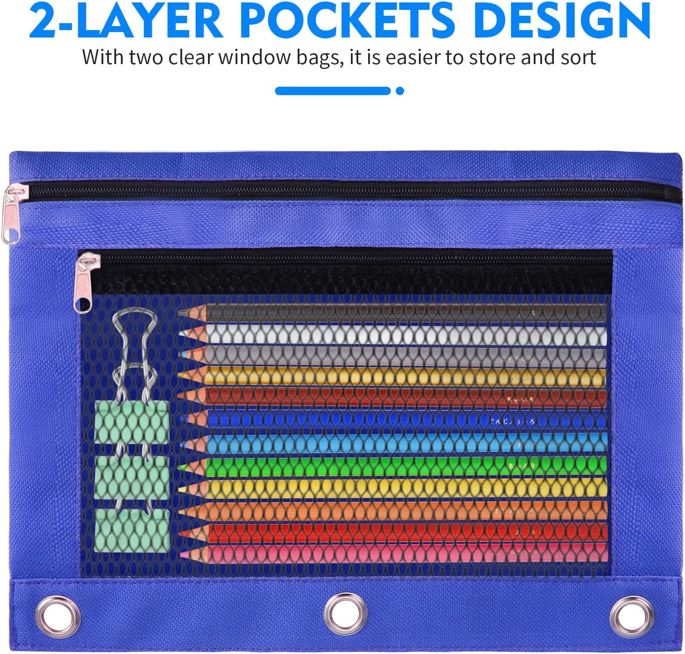 Pencil Pouch for 3 Ring Binder - 3 Pack Zippered Pencil Pouches with Transparent Mesh Window| Binder Pouch with Smooth Zippers| Zippered Pencil Bag for School Office Students, Black+Grey+Pink