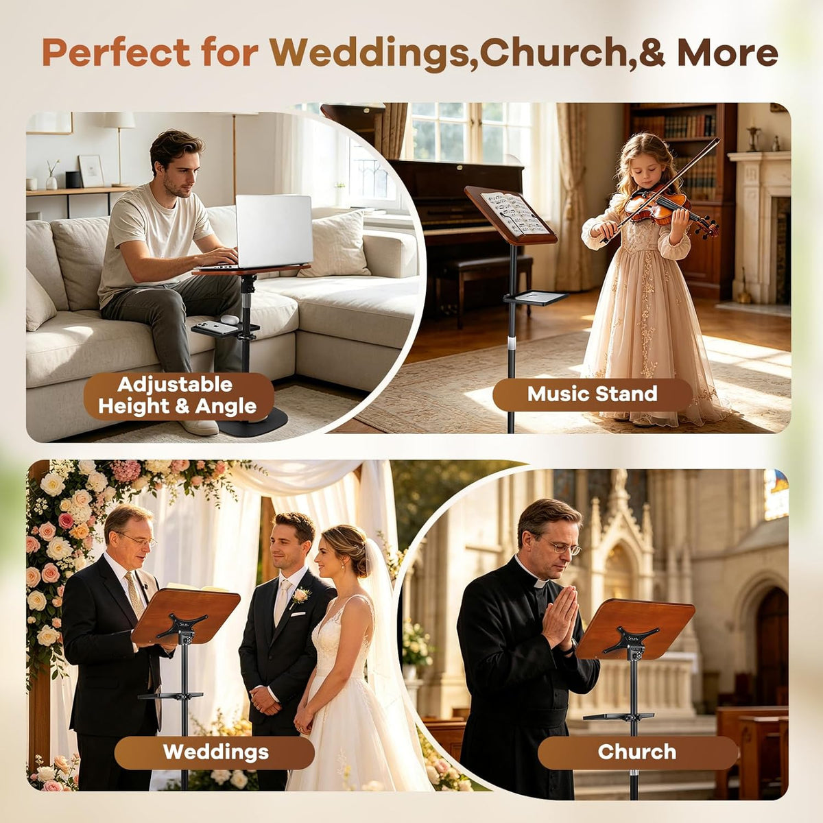 Lectern Podium Stand, Adjustable Height Wooden Podium Lectern with Tray