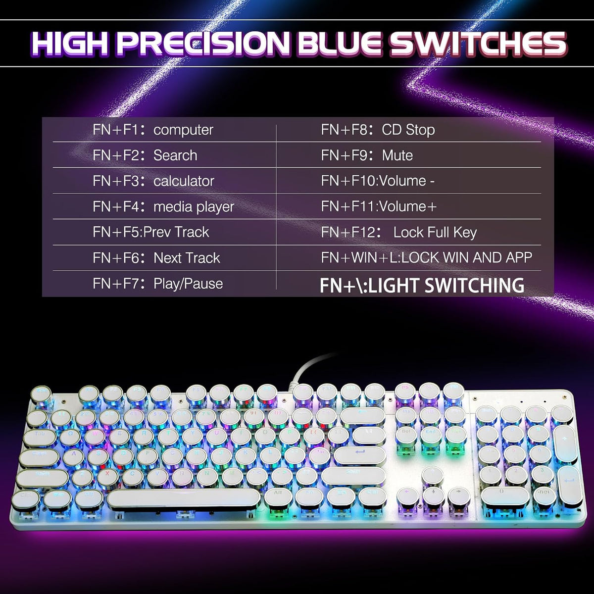 YSCP Typewriter Style Mechanical Gaming Keyboard RGB Backlit Wired with Blue ...