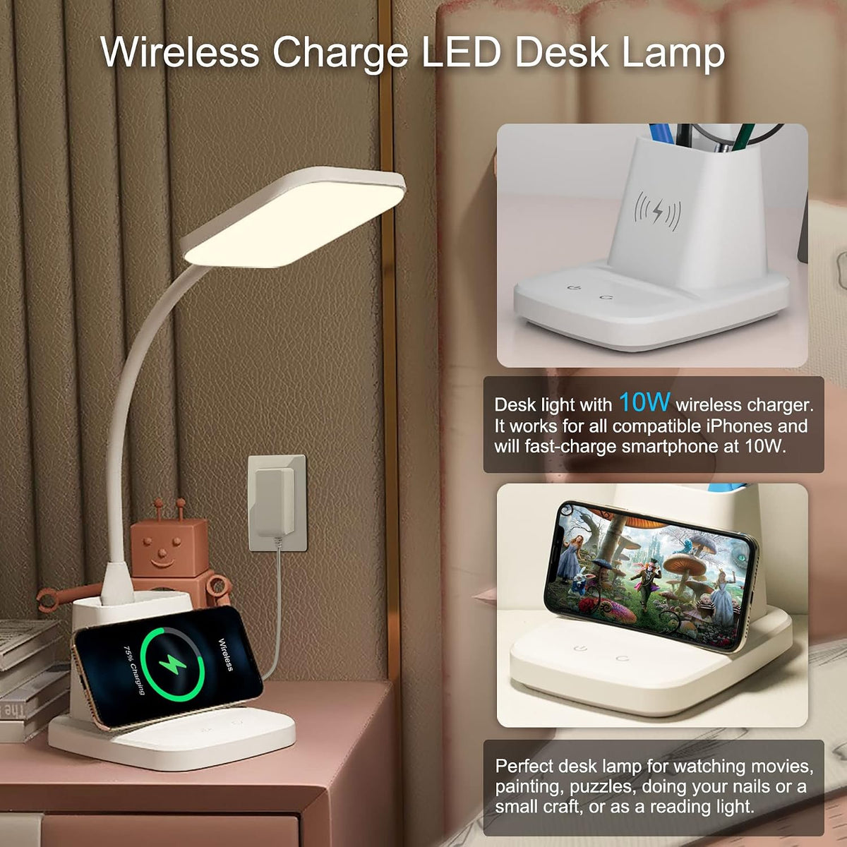 LED Desk Lamp with 10W Wireless Charging & Pen Holder, Snow White