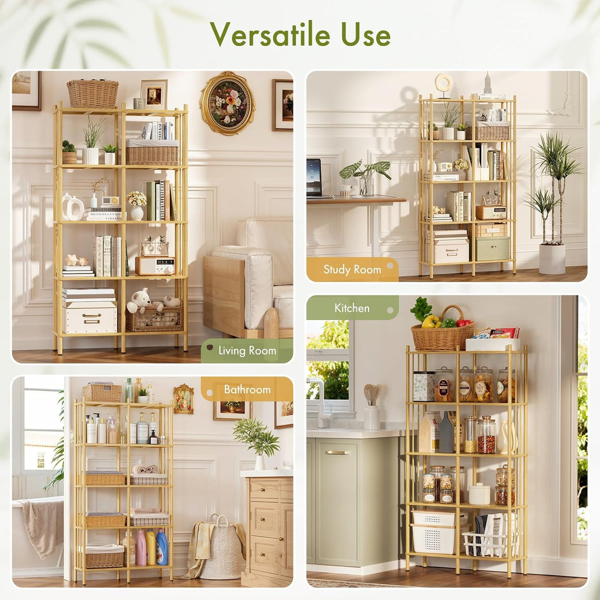 5 Tier Book Shelf, Tall Bamboo Bookcase, Wide Bookshelf with 10 Open Display ...