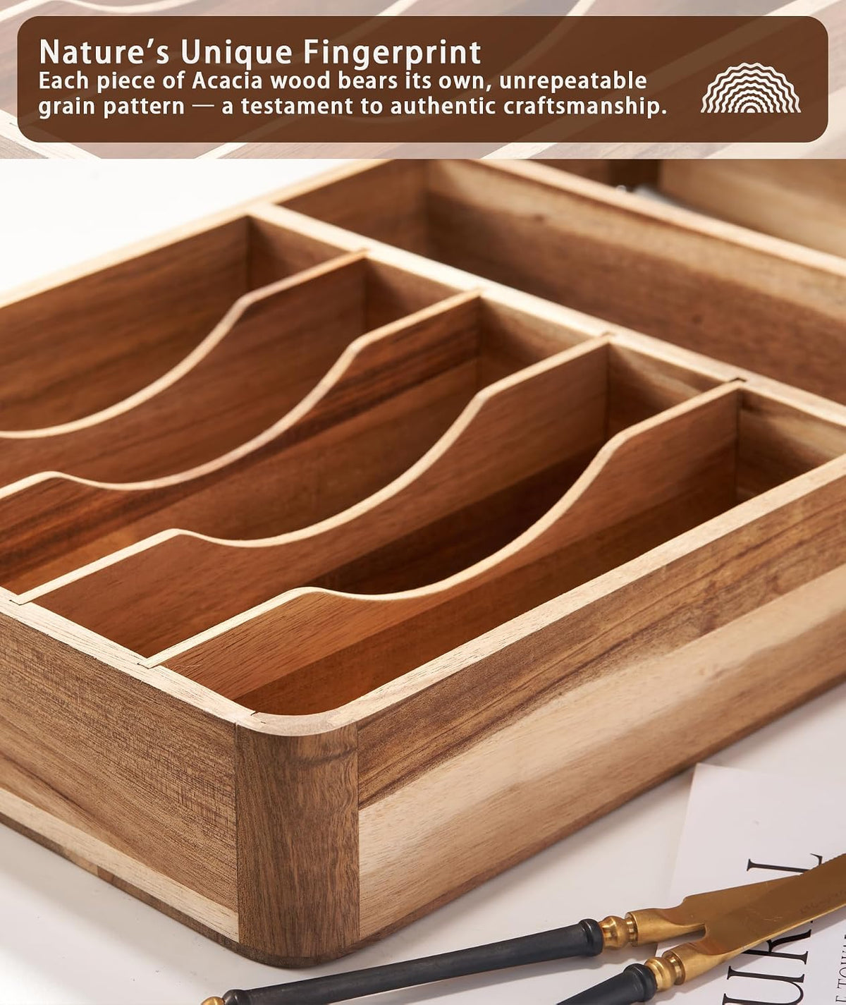 Silverware Drawer Organizer, Acacia Wood Tray for Cutlery & Flatware | 7-...