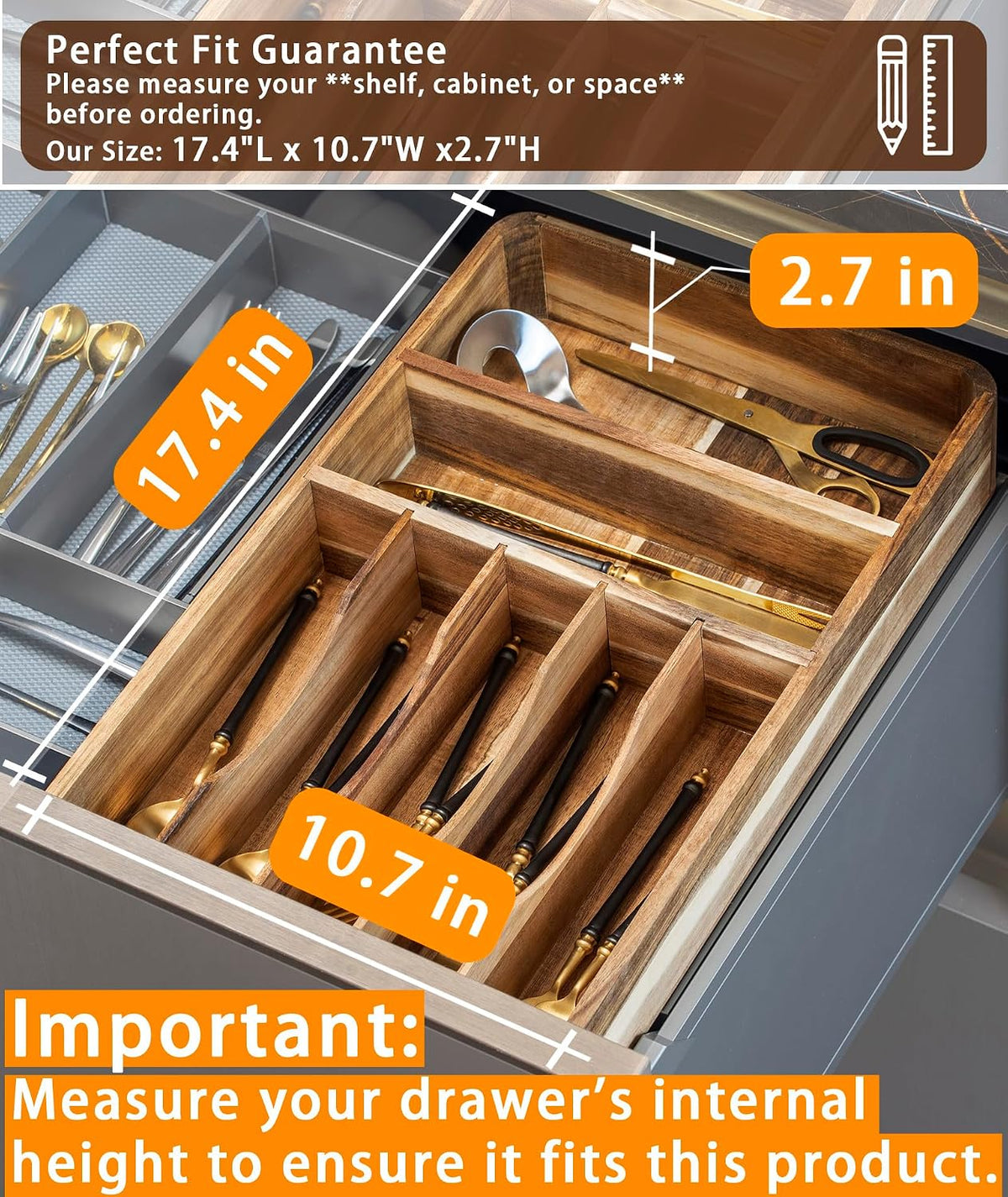 Silverware Drawer Organizer, Acacia Wood Tray for Cutlery & Flatware | 7-...
