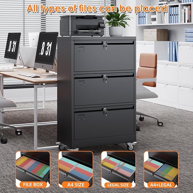 METAN Upgrade 3 Drawers Lateral File Cabinet on Wheels, Steel Office Filing - Image 4