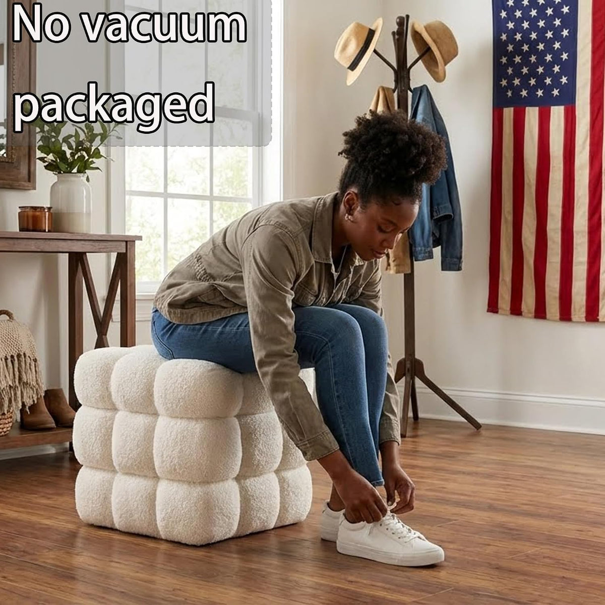 White Sherpa Square Ottoman - 17.3" Large Boucle Cube Pouf with Sturdy W...