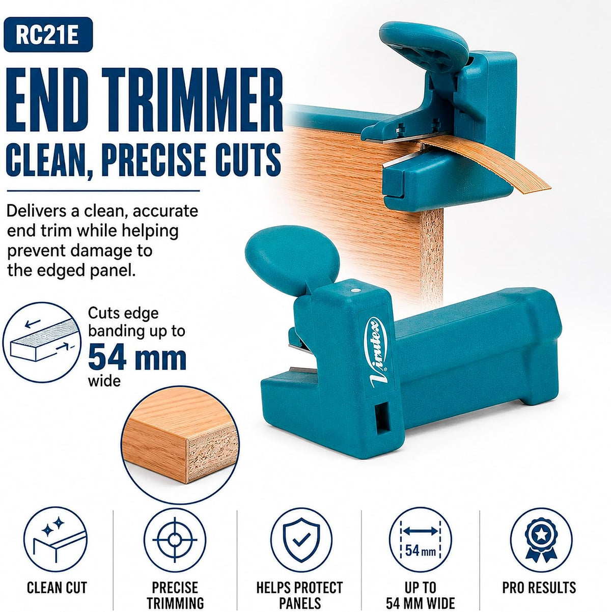 Virutex RC21E Veneer End Trimmer, Edge Banding Cutter for PVC, Melamine & Laminate, Double Blade Precision Tool up to 54 mm for Woodworking