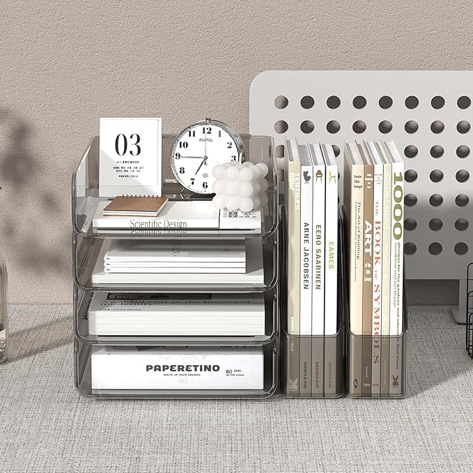 Clear Paper Organizer with Movable Bookends, 4-Tier Letter Tray Organizer - Image 4